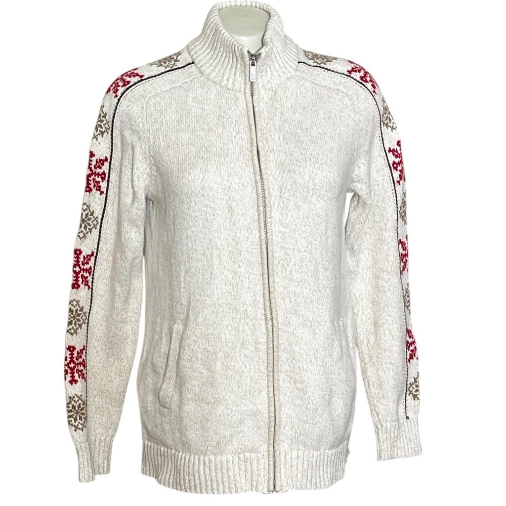 Lands End Womens Sweater Beige Snowflake Fair Isle Full Zip Mock‎ Neck Cotton